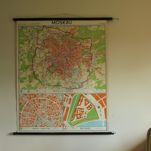 MAPPA vintage della CITTÀ DI MOSCA di Westermann, mappa scolastica arrotolabile con supporto in lino, 1965