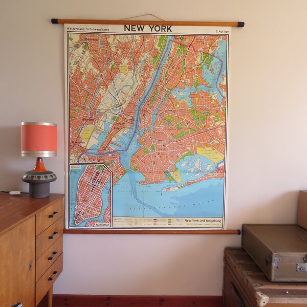 Vintage NEW YORK CITY Map by Westermann roll down linen backed school map 1975