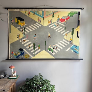 Rare TRAFFIC LESSONS 3 school chart 1950s road safety CROSSROAD German educational chart.