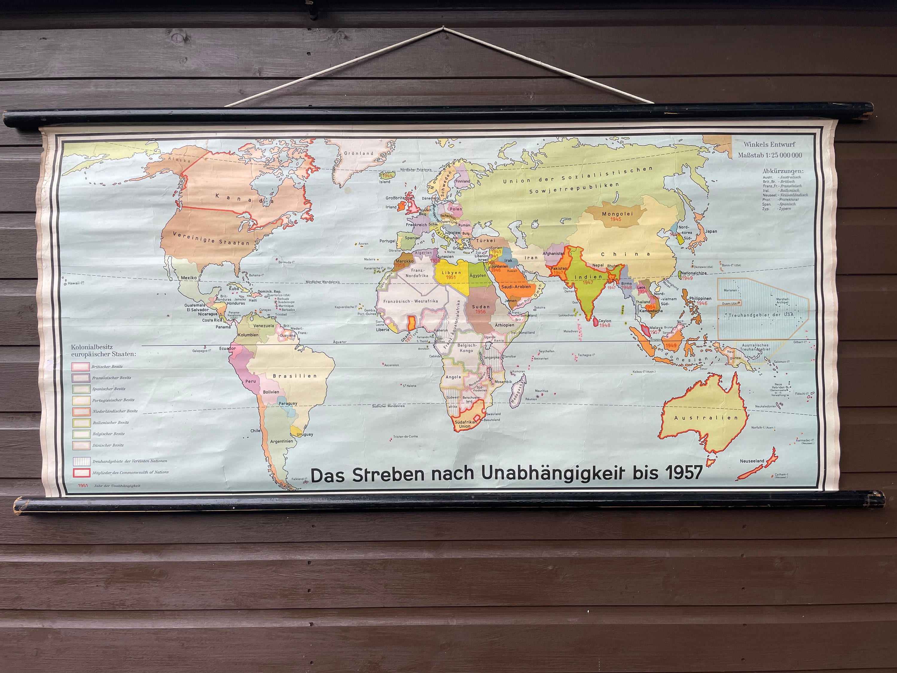 Vintage WORLD MAP historical  map educational school chart. The world in 1957.