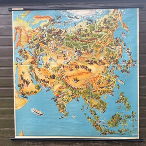 Grande mappa vintage della carta scolastica dell'ASIA ECONOMIA E TRASPORTI poster pittorico in lino westermann