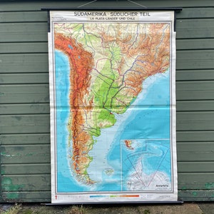 Mappa d'epoca Grafico murale scolastico Sud America & Cile Carta didattica stampa antica stampa antica 1967