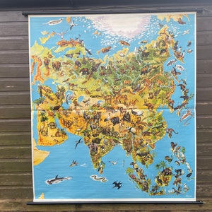 Große Vintage KARTE von ASIEN Schulkarte ZOOLOGIE bildhaftes Leinenposter Westermann Tiere Natur.