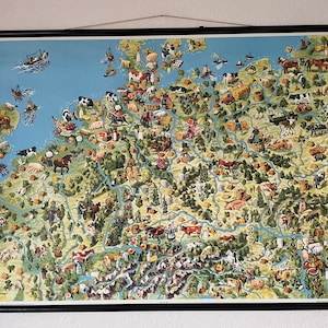ヴィンテージ ヨーロッパ地図 学校地図 農業と漁業 絵入りリネンポスター ウェスターマン アンティーク