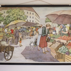 Vintage Schulkarte des MARKT rollen nach unten pädagogische Leinen Poster