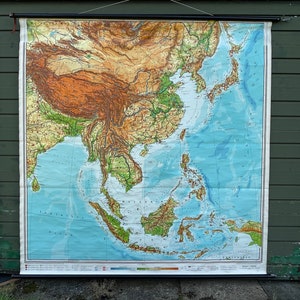 Mappa geografica dell'Asia d'epoca Mappa della scuola Mappa della parete Grafico del poster educativo 1970