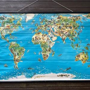 Grande e rara MAPPA vintage del grafico scolastico del MONDO COMMERCIO manifesto pittorico in lino antropologia westermann.