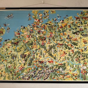 MAPPA d'epoca dell'EUROPA, carta scolastica AGRICOLTURA e pesca, poster pittorico in lino Westermann antico