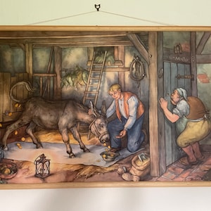 Vintage MÄRCHEN Schulkarte WÜNSCH-TASCHE der Goldesel und der Knüppel im Sack Gebrüder Grimm Märchen