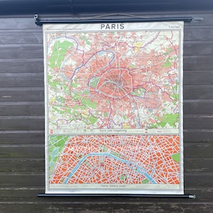 Mappa vintage della CITTÀ DI PARIGI di Westermann, mappa scolastica arrotolabile con supporto in lino, 1967 FRANCIA