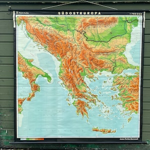 Vintage SÜDOSTEUROPA - der Balkan geographische Schulkarte Wandkarte Lehrposter Chart 1975.