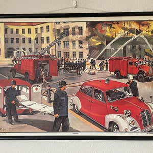 Grafico scolastico vintage dei VIGILI DEL FUOCO grafico da parete educativo 1965 VIGILI DEL FUOCO. Servizi di emergenza