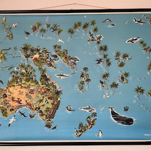 Vintage MAP AUSTRALASIA carta scolastica WILDLIFE poster pittorico in lino westermann zoologia. Australia