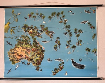 Vintage MAP AUSTRALASIA school chart WILDLIFE pictorial linen poster westermann zoology. Australia