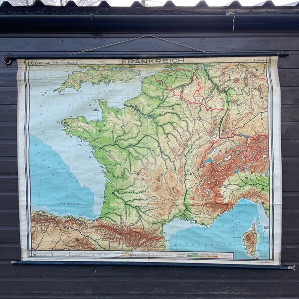 Vintage FRANCE school map wall map educational poster chart 1949 roll down map