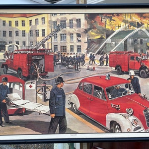 Vintage BRANDWEER schoolkaart educatieve wandkaart 1965 BRANDWEERMANNEN.