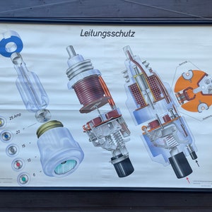 Vintage Duitse schoolkaart van een LINE PROTECTOR overspanningsbeveiliging elektronica educatieve wandkaart. Vermogenschakelaar