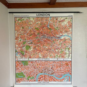 Mappa vintage della CITTÀ DI LONDRA di Westermann Mappa scolastica arrotolabile con supporto in lino 1970 INGHILTERRA Regno Unito.