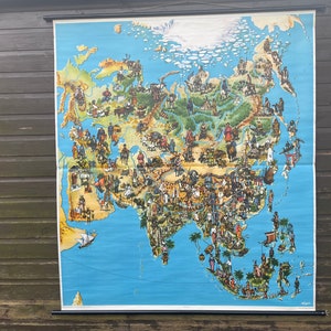 Grande MAPPA vintage dell'ASIA, grafico scolastico ANTROPOLOGICO, poster pittorico in lino, tribù Westermann, popolazioni indigene