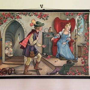 Vintage SLEEPING BEAUTY FAIRYTALE carta escolar pared colgando cartel educativo de los Hermanos Grimm