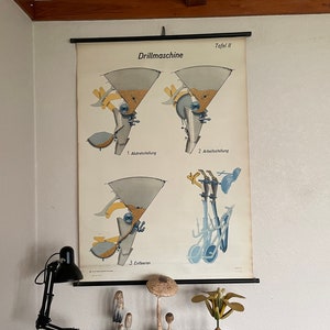 Vintage German school chart of A SEED DRILL machine educational farming engineering chart