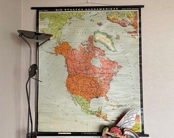 Vintage school map of NORTH AMERICA down educational map chart USA United States