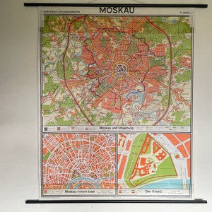 MAPPA vintage della CITTÀ DI MOSCA di Westermann, mappa scolastica arrotolabile con retro in lino, 1972