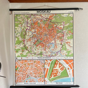 MAPPA vintage della CITTÀ DI MOSCA di Westermann, mappa scolastica arrotolabile con supporto in lino, 1965