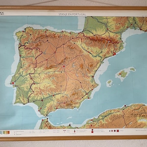 Mappa vintage della mappa geografica educativa SPAGNA e PORTOGALLO intorno al 1970