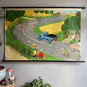 Rare TRAFFIC LESSONS 6 school chart 1950s road safety rural roads German educational chart.