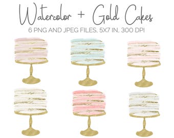 Cake Clipart/ Watercolor and Gold