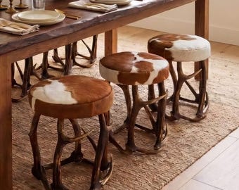Genuine Cowhide Stool with Real Antler Legs