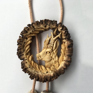Antler Bolo Tie  with Carving shows Roe Deer