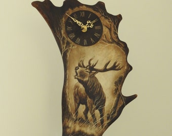 Real Standing Antler Carving with Clock shows Roaring Deer