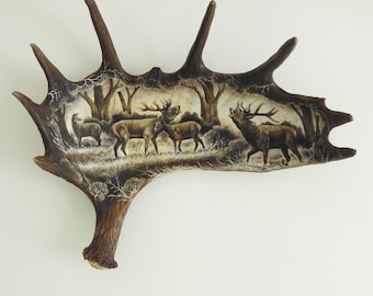 Real Moose Antler Carving shows Roaring Deers