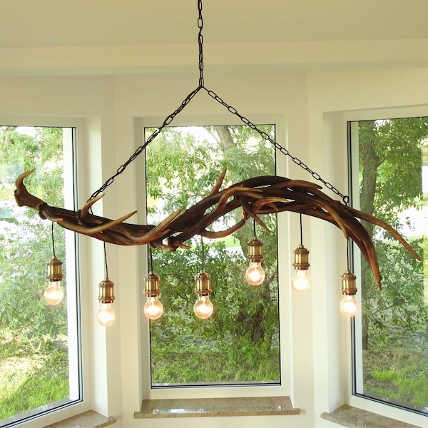 Linear Chandelier for Kitchen Island made of Real Deer Antlers