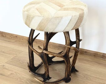 Real Antler Stool with Cowhide Herringbone Seat