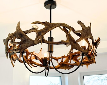 Modern Farmhouse Chandelier with Real Antler Ring