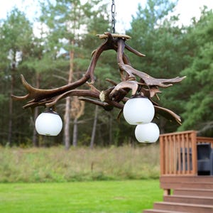 May include: A chandelier made from antlers with four white globe light fixtures.