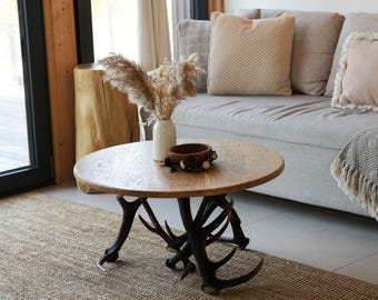 Rustic Antler Coffee Table with Wood Table Top