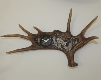 Real Moose Antler Deep Carving shows Scene with Wolfs and Roe Deer