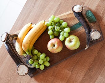 Olive Wood Tray with Epoxy Resin with Antler Handles for Serving