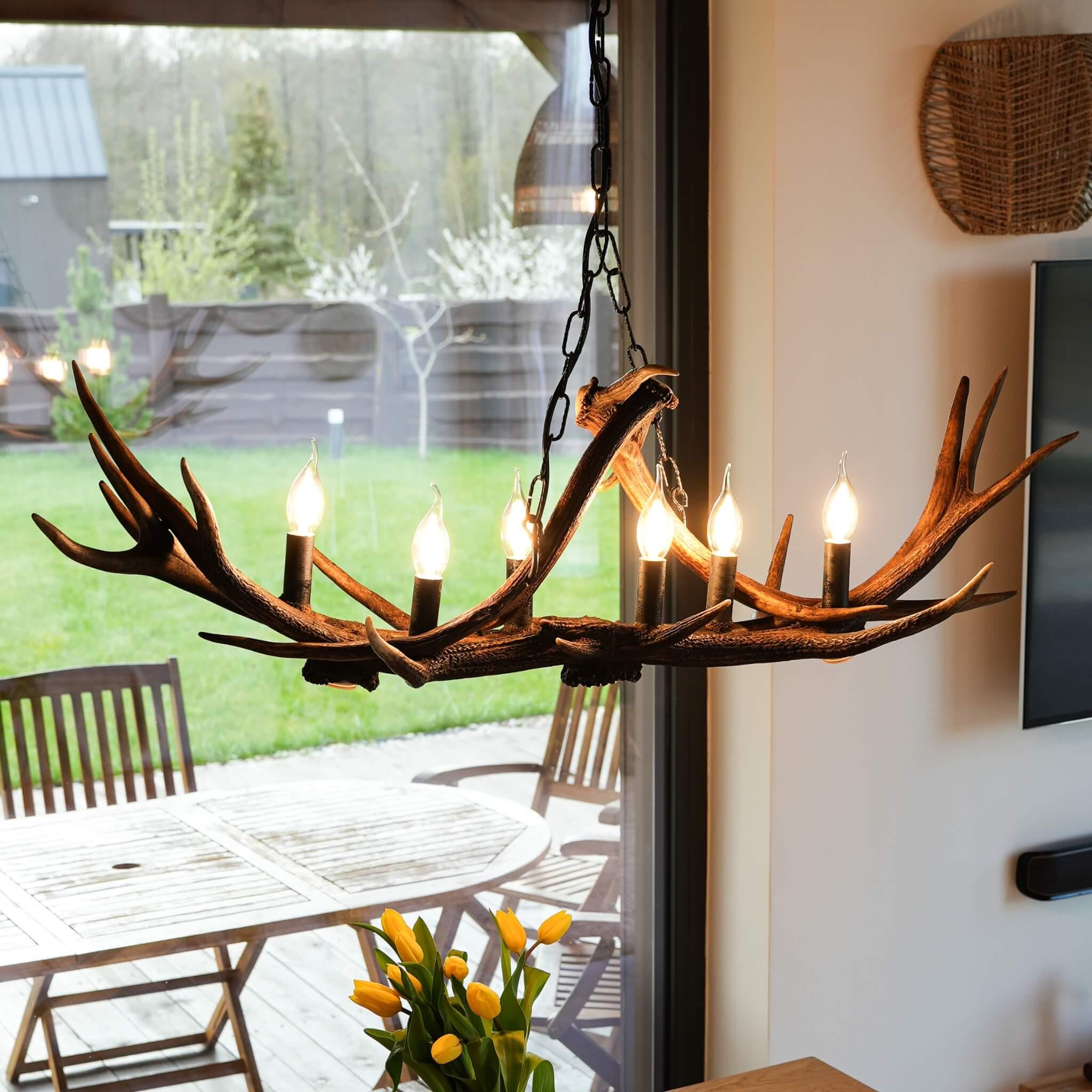 Lustre Bois De Cerf Style Vintage - Suspension 6 Lumières - Résine - Pour Salon, Bar, Salle à Manger