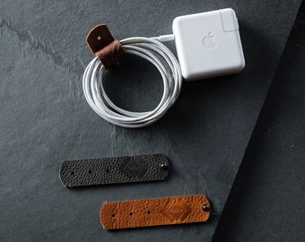 Set of 2 Genuine Leather Cable Wraps / Cord Holders / Cable Ties for iPhone, Mac book, iPad, laptop, Guitar and Camera cords