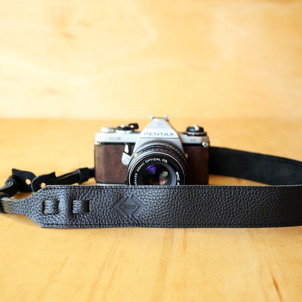 Kameragurt - schwarz aus Leder für DSLR- oder Spiegelreflexkamera, DSLR-Kameragurt. Kamera Zubehör. Canon Kameragurt Henkel Kameragurt.
