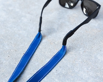 Blue Leather Sunglass Strap, Full Grain Leather, Monogram Option
