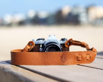 Tan Full Grain Leather Camera Strap, DSLR SLR, Adjustable
