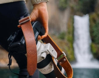 Brown Leather Camera Strap - Personalized Extra adjustable Camera Strap for DSLR/SLR camera. Compatible with Nikon, Canon, Fuji Film, Sony