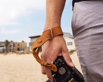 Personalized Camera Strap - Tan Leather Wrist Camera Strap for DSLR/SLR camera. Camera accessories. Canon camera strap. Nikon camera strap.