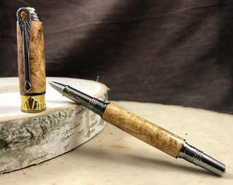 Broadwell Art Deco Black TN and 22 kt Gold Rollerball Pen in stabilized dyed black and yellow Box Elder